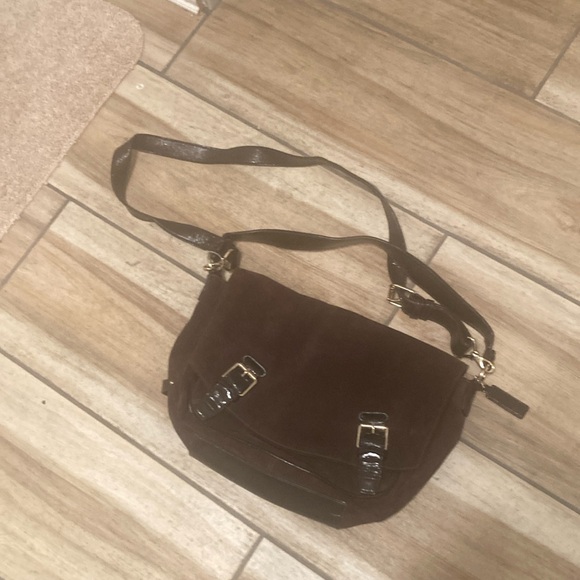 Cole Haan Handbags - Cole Haan Brown Suede Crossbody
Messenger Bag Purse Patent
Accent Dbl Handle